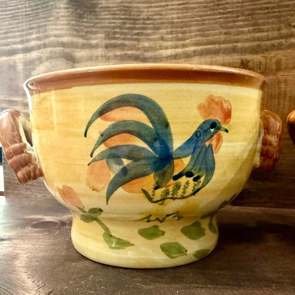 Classic Ceramics Calif. Pantry Dbl Handle Rooster Deco Soup Bowl 2 Hand Painted